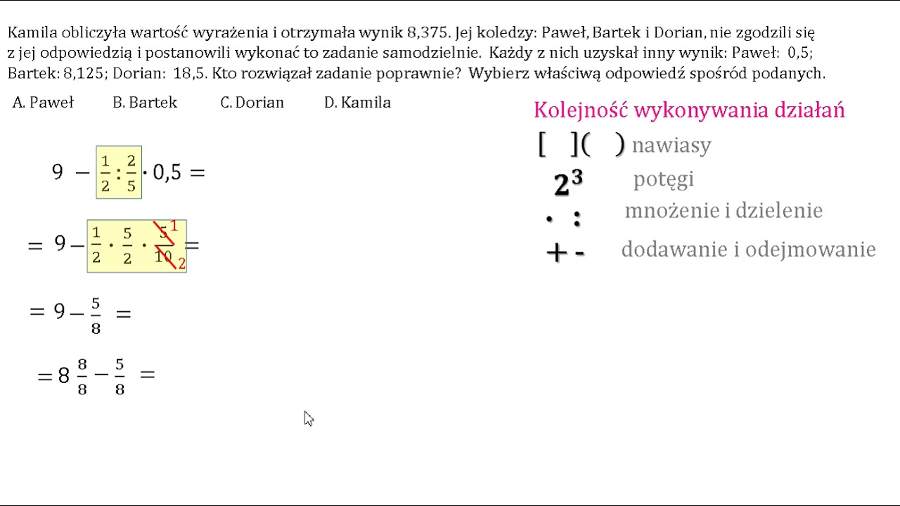 Kto rozwiązał zadanie poprawnie? Działania na ułamkach zwykłych i