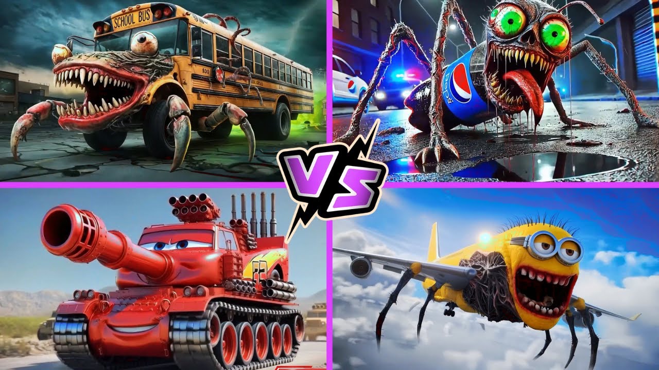 School Bus 🆚 Pepsi HEAD EATER 🆚 McQueen Tank 🆚 Minion INFECTED SKY 🎶 Tiles Hop EDM Rush