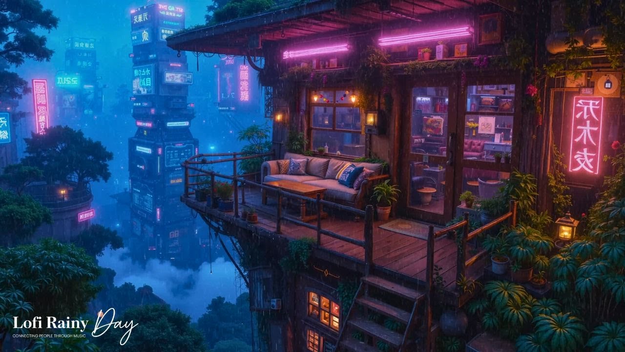 Ambient Lo-fi Overlooking Neon Skyscrapers At night | Soothing Lofi sound for relax, Study & Work