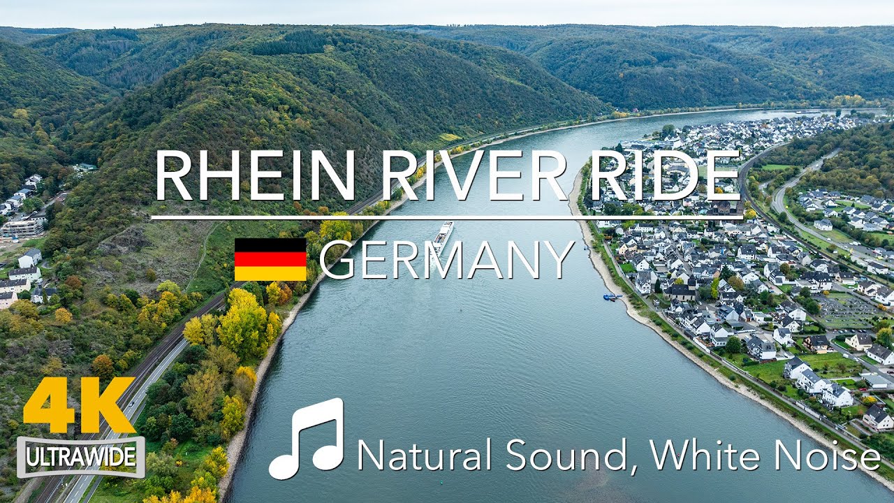 (4K) Езда по реке Рейн в Германии, езда на велосипеде по Германии, белый шум, шум вождения.