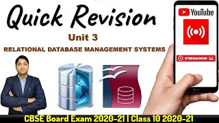 Quick Revision | UNIT-3 RELATIONAL DATABASE MANAGEMENT SYSTEMS (BASIC) | Class 10 IT 402 |