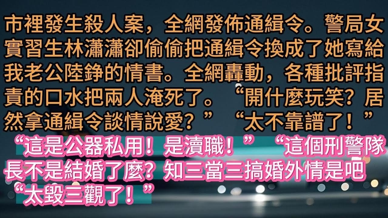 【完结】市裡發生殺人案，全網發佈通緝令。警局女實習生林瀟瀟卻偷偷把通緝令換成了她寫給我老公陸錚的情書。全網轟動，各種批評指責的口水把兩人淹死了。“開什麼玩笑？居然拿通緝令談情說愛？”“太不靠譜