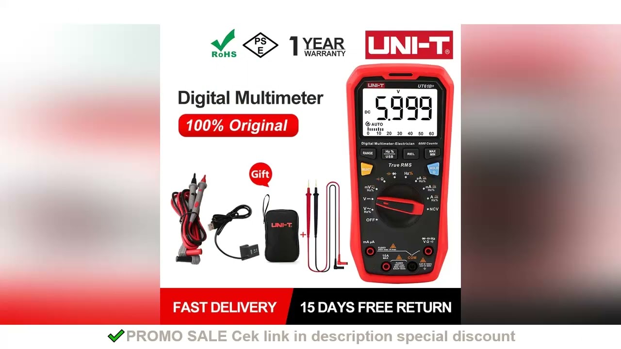 UNI-T UT61B+ Unit Multimeter Digital 6000 Counts LCD Display DC AC 1000V True RMS Auto Range Capacit