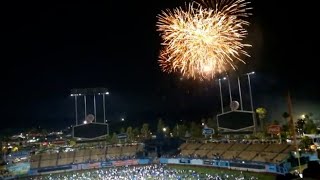 Watching a game in the upper deck and fireworks at Dodger Stadium