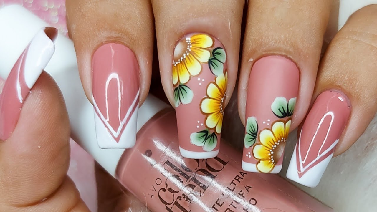 unhas decoradas - flor amarela carga dupla - passo a passo