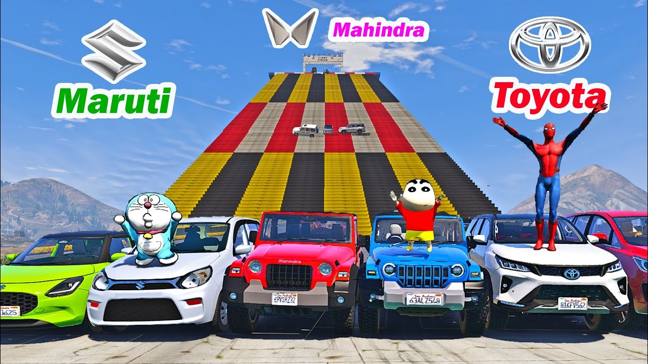 gta 5 stairs ramp challenge mahindra cars vs toyota cars vs maruti cars | gta 5 telugu