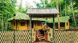 A talented woman builds a bamboo house in a natural forest.