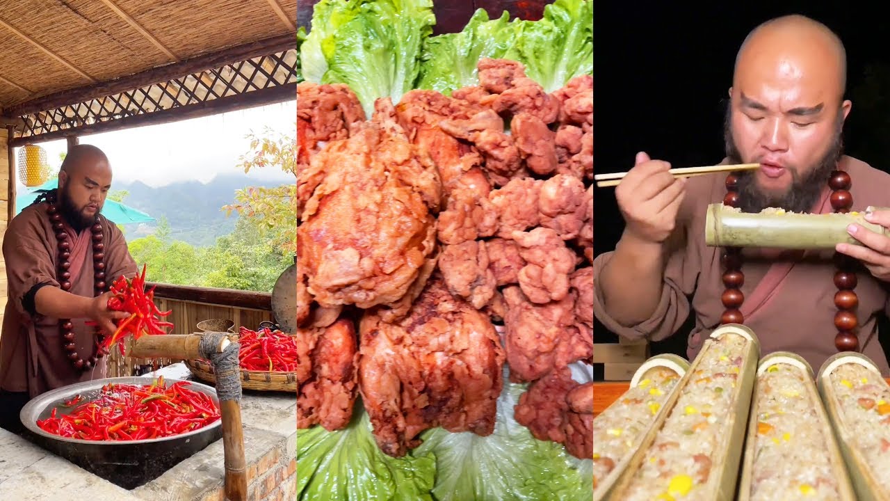 mukbang | Oil chili | Bamboo steamed rice | Fried chicken | Minced Pepper Fish Head | 吃播 | 油辣椒 | 炸鸡