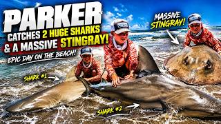 KID CATCHES 2 HUGE SHARKS & A MASSIVE STINGRAY! | Texas Beach Shark Fishing