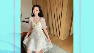 French Floral Dress Women Sexy Puff Sleeve Lace Chiffon Print Mini Dress Women Summer Korean Styl...