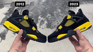 Jordan 4 Retro Thunder 2023 & 2012 Comparison | Black / White - Tour Yellow