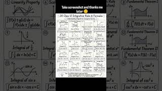 Integration 20 rules and formula cheatsheet 👀 quick revision 📝#mathformula #class12 #12thmaths #cbse