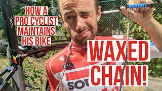 How a Pro cyclist maintains his bike; WAXED CHAIN!!