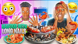 EATING A SEAFOOD BOIL WITH EXTREMELY LONG NAILS CHALLENGE!!||STORY TIME||