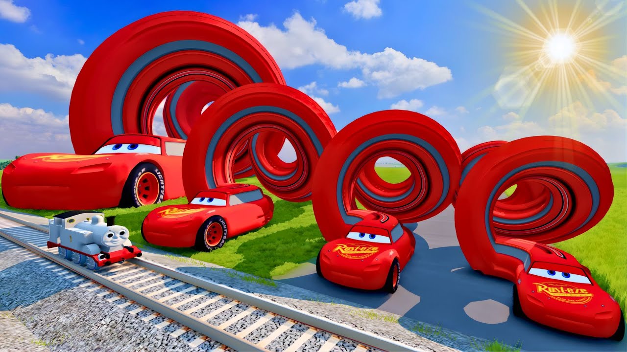 Big & Small Long Spiral McQueen VS Train Thomas White BeamNG.drive