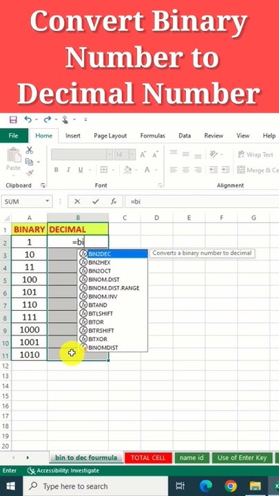 Convert Binary to Decimal Number in excel #viral #excel #shortvideos # ...