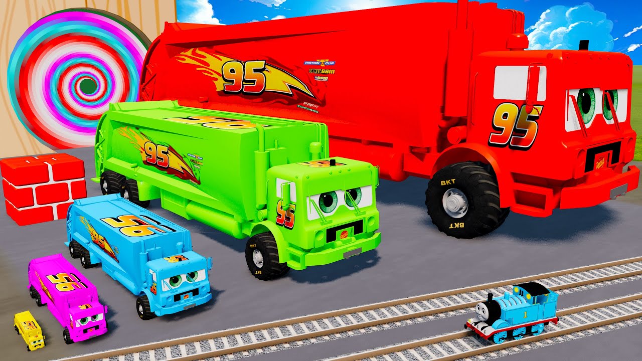 Funny Cars vs Fat Cars - Big & Small Long Mcqueen Garbage Truck VS Train the Thomas - BeamNG.drive