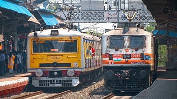 Back to Back EMU local vs Express trains crossing a curvy station