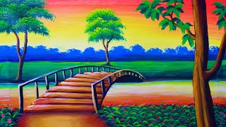 Wooden bridge on a beautiful lake | Sunset time nature drawing painting | acrylic techniques