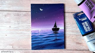 How to Draw a Purple Sky Seascape Painting / Easy Acrylic Painting for Beginners Step by Step