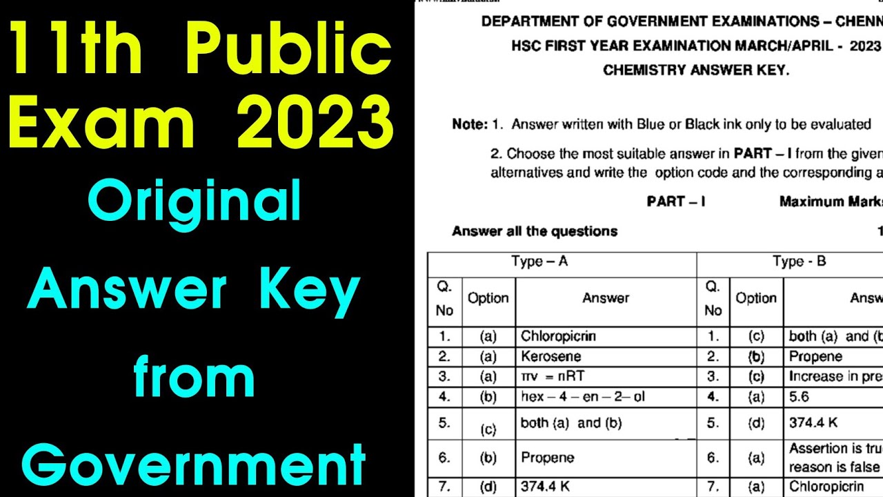 11th Public Exam 2023 | Official Answer key | government answer key,