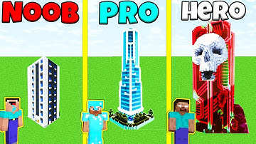 Minecraft Battle: NOOB vs PRO vs HEROBRINE: TALL HOUSE BUILD CHALLENGE / Animation