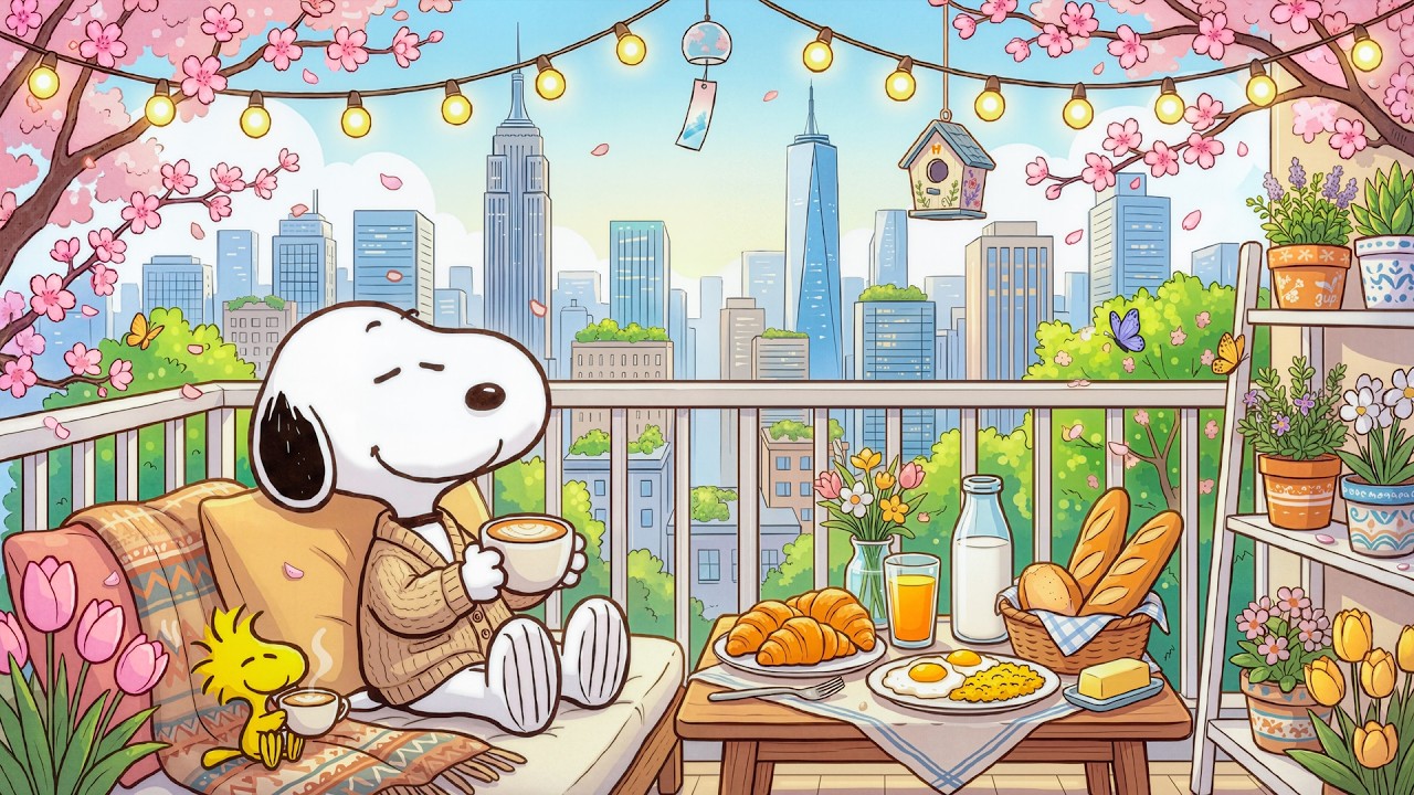 Уютный весенний балкон Снупи ☕ | Успокаивающий утренний джаз для снятия стресса и обретения внутр...