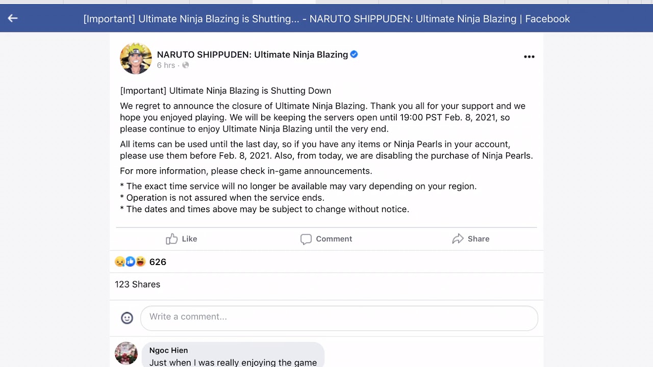Naruto ultimate ninja blazing is shutting down next year