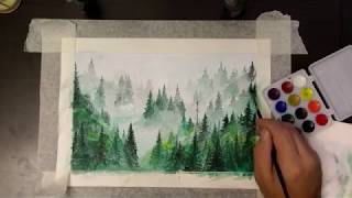 Watercolor misty pines painting