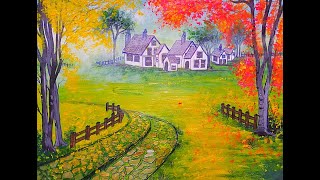 Landscape Painting / Landscape Acrylic Painting / House & Forest Acrylic Painting for Beginners