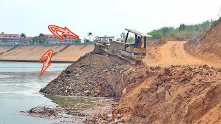 Dump Truck 25 ton Working Drive Back Unloading At Slope And Bulldozer Pushing soil into water by Bulldozer Working Group 1,134 views 7 days ago 10 minutes, 34 seconds