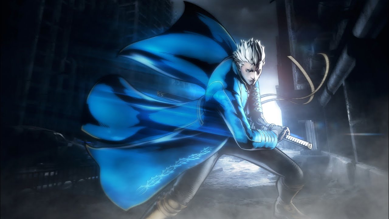 Vergil, the stoic demon hunter from devil may cry 5, amidst an ethereal  blue aura