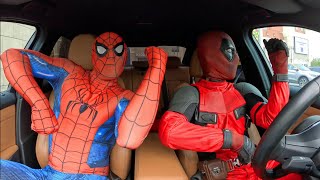 Spider-Man and Deadpool dancing funny in the car😂 #moscowspider