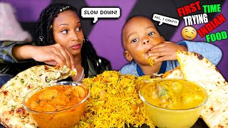 BABY ELIJAH First Time Trying INDIAN FOOD Mukbang CHEESE NAAN SHRIMP BIRYANI LAMB KORMA QUEEN BEAST