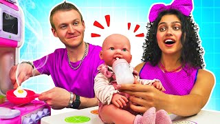 Feeding Baby Doll Pretend Play Cooking Toy Food For Dolls Family-Fun Video For Kids