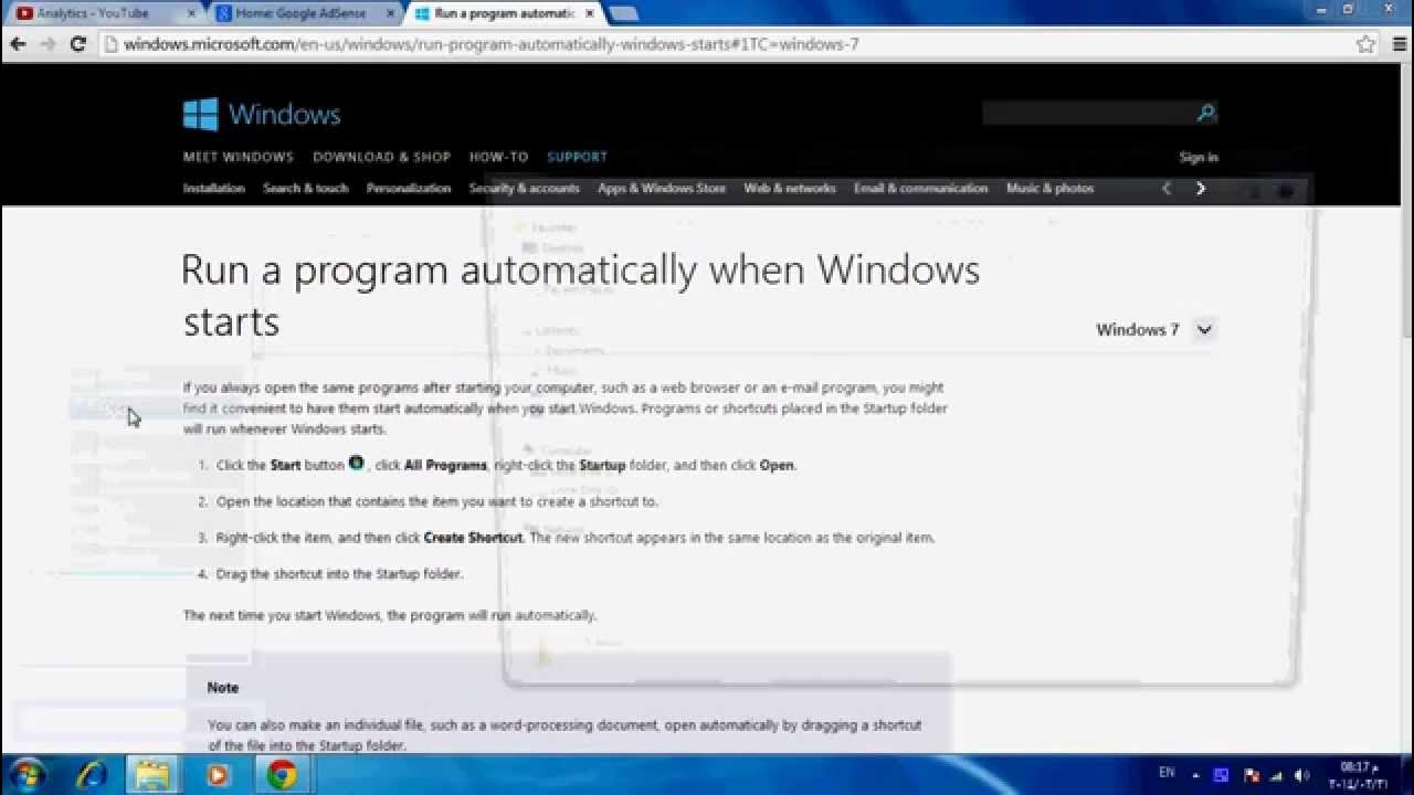 كيف تجعل اي برنامج يبدا تلقائيا مع تشغيل الويندوز Run a program automatically when Windows starts