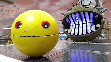 Pacman, Chain Chomp, and Flying Robot Clash in an Epic Battle Above a High-Tech Robotic Maze
