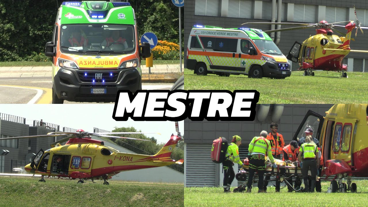 MESTRE - Elisoccorso SUEM 118 Treviso + Ambulanza Croce Verde Mestre  + Paziente in Barella