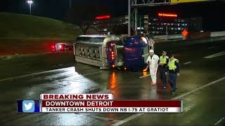 Flipped tanker shuts down northbound I-75 at Gratiot in downtown Detroit