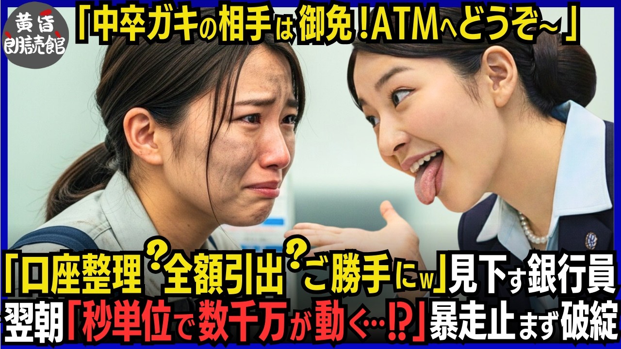 「口座整理？全額引出し？養子の中卒ごときがｗATMで勝手にしろ」病人の為、預金下ろすボロ少女を見下す銀行員―翌朝、2兆円が他銀へ送金！更に秒単位で数千万が動き本店大混乱！頭取半狂乱#泣ける話 #逆転劇