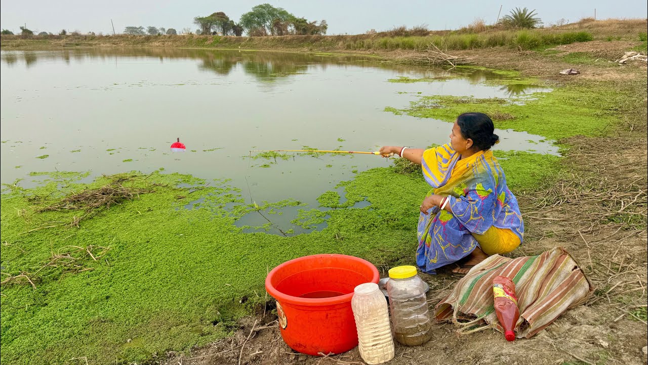 Fishing Video || Incredible skilled grandma is fishing in the village pond using hook || Fish Trap