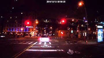 Dashcam - downtown NYC Mercedes Benz ran red light due to bicycle green light. Almost crashed