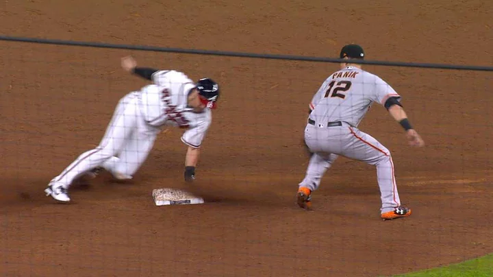 SF@ATL: Lane Adams steals second base in the 9th