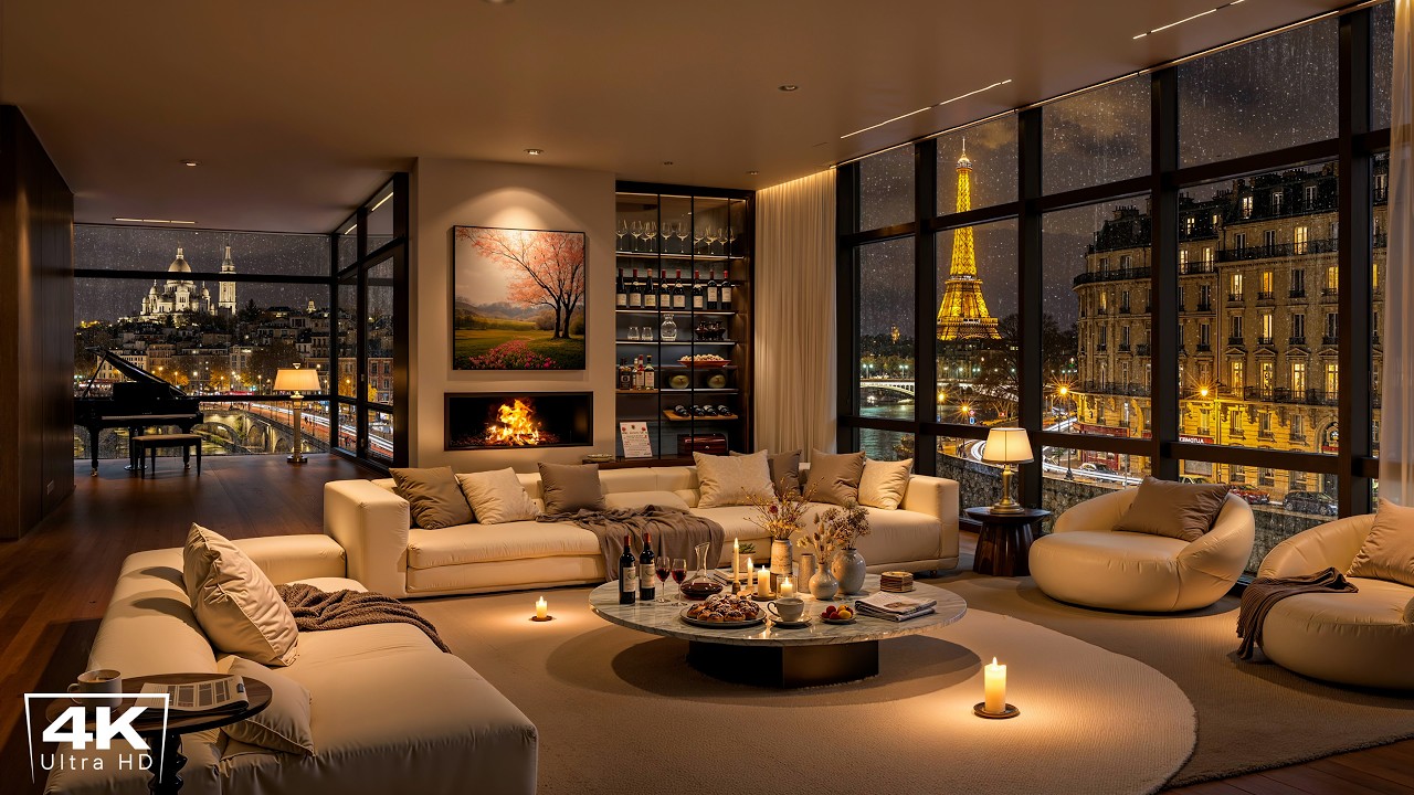 Smooth Paris Night Jazz 🌃 Cozy Apartment with Relaxing Jazz & Fireplace Sounds to Study, Work, Focus