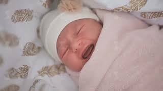 A newborn baby is crying lying down against the crib.