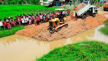 A New Project Complete Water By Skill Bulldozer Pushing Soil & 5 Ton Dump Truck Unloading Soil