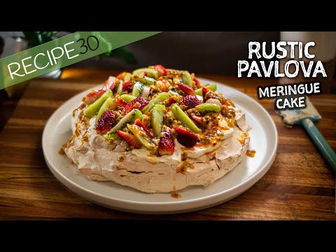 Super Crispy Meringue Pavlova Cake, Rustic Style with Fruit And Cream