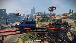 Custom builds driving over the Bedlam Bridge. Crossout.