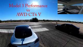 Cadillac CT6 V vs Model 3 Performance 1\/2 Mile Race No Fly Zone Gila Bend AZ 12\/19\/21 Quick Hit