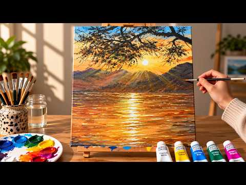 Beautiful Mountain Sunset 🌄 Easy Step by Step Acrylic Painting